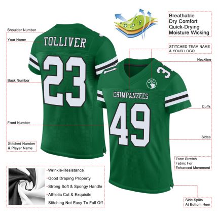 Personalized Kelly Green Mesh Football Jersey - Authentic White and Black Design Personalized Kelly Green White-Black Mesh