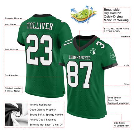 Custom Name Number Personalized Kelly Green White Black Football Jersey Authentic Mesh Team Apparel Personalized Kelly Green