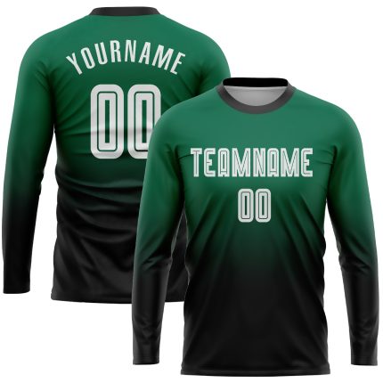 Custom Soccer Jersey with Name and Number - Personalized Kelly Green and White-Black Long Sleeve Fade Design Personalized