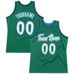 Custom Name and Number Personalized Authentic Basketball Jersey in Kelly Green and White-Blue Throwback Style Personalized