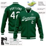 Custom Name and Number Varsity Letterman Jacket in Kelly Green and White - Personalized Full-Snap Bomber Style Personalized