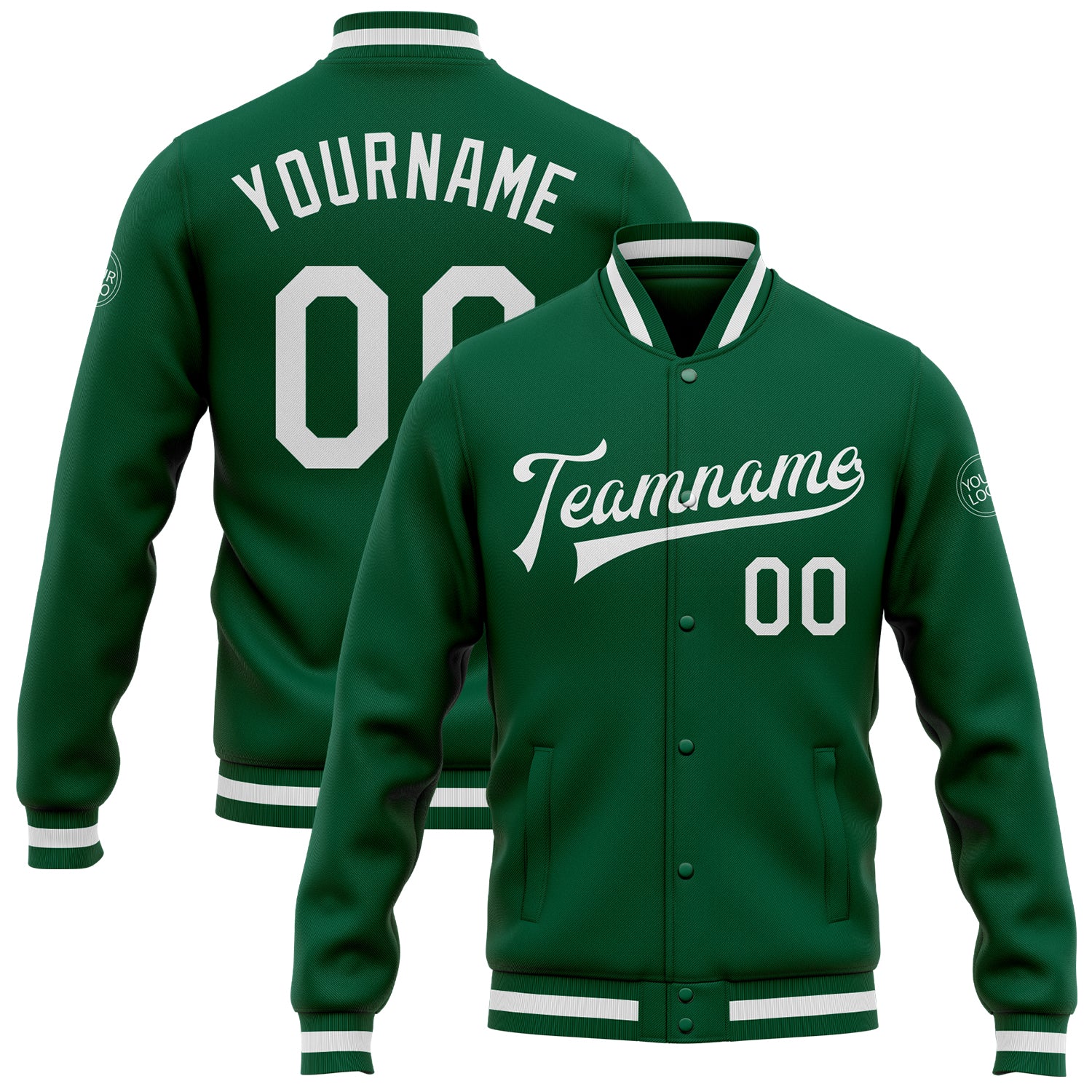 Custom Name and Number Varsity Letterman Jacket in Kelly Green and White - Personalized Full-Snap Bomber Style Personalized