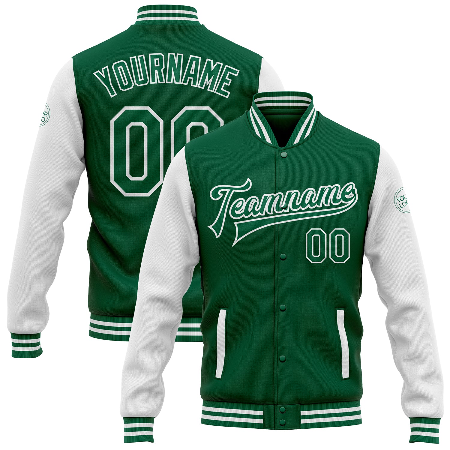 Custom Name Number Two Tone Bomber Jacket Kelly Green and White Varsity Letterman Full-Snap Personalized Kelly Green White