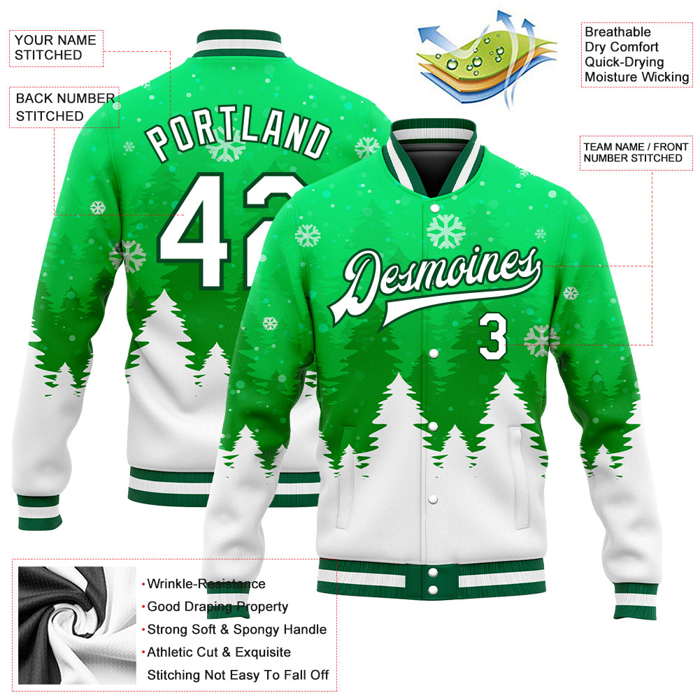Personalized Kelly Green White Christmas 3D Bomber Full-Snap Varsity Letterman Jacket Team Custom Name and Number Custom Name Number Kelly Green White Christmas 3D Varsity Letterman Bomber Jacket - Personalized Team Full-Snap Jacket Personalized - Image 3