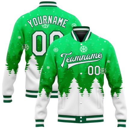 Custom Name Number Kelly Green White Christmas 3D Varsity Letterman Bomber Jacket - Personalized Team Full-Snap Jacket Personalized