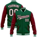 Custom Name Number Varsity Letterman Bomber Jacket in Kelly Green White Crimson Two Tone Design Personalized Kelly Green