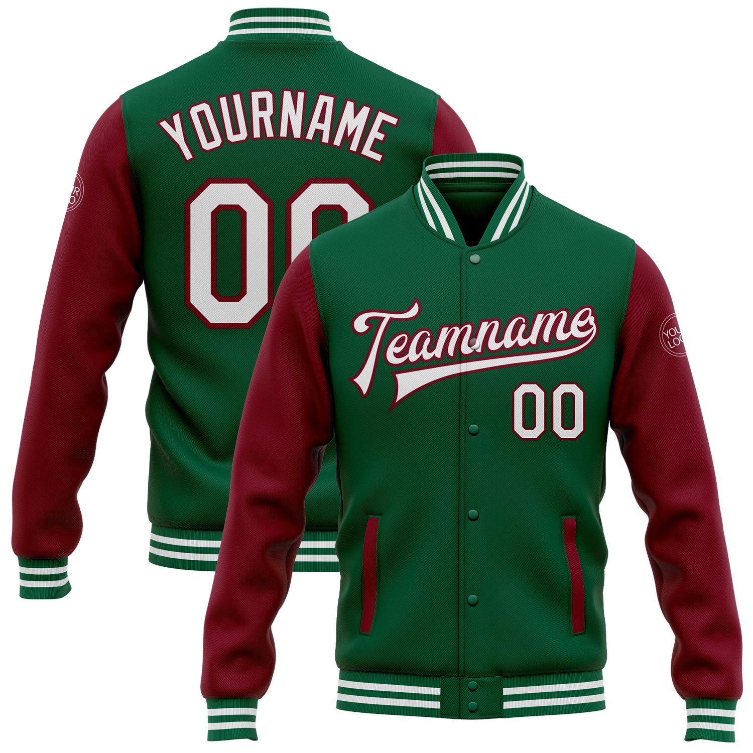 Custom Name Number Varsity Letterman Bomber Jacket in Kelly Green White Crimson Two Tone Design Personalized Kelly Green