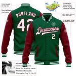 Custom Name Number Varsity Letterman Bomber Jacket in Kelly Green White Crimson Two Tone Design Personalized Kelly Green