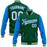 Custom Name Number Bomber Jacket in Kelly Green White-Electric Blue Two-Tone Full-Snap Varsity Letterman Style Personalized