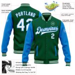 Custom Name Number Bomber Jacket in Kelly Green White-Electric Blue Two-Tone Full-Snap Varsity Letterman Style Personalized