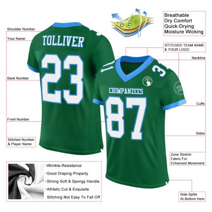 Custom Name and Number Mesh Football Jersey in Kelly Green and Electric Blue - Authentic Team Sports Apparel Personalized