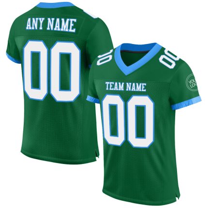 Custom Name and Number Mesh Football Jersey in Kelly Green and Electric Blue - Authentic Team Sports Apparel Personalized