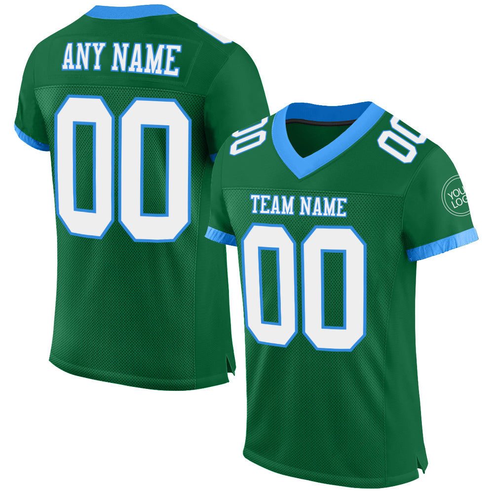 Custom Name and Number Mesh Football Jersey in Kelly Green and Electric Blue - Authentic Team Sports Apparel Personalized
