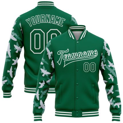 Custom Name and Number 3D Pattern Bomber Jacket for Team - Personalized Kelly Green and White Flying Bird Sleeves Varsity Letterman