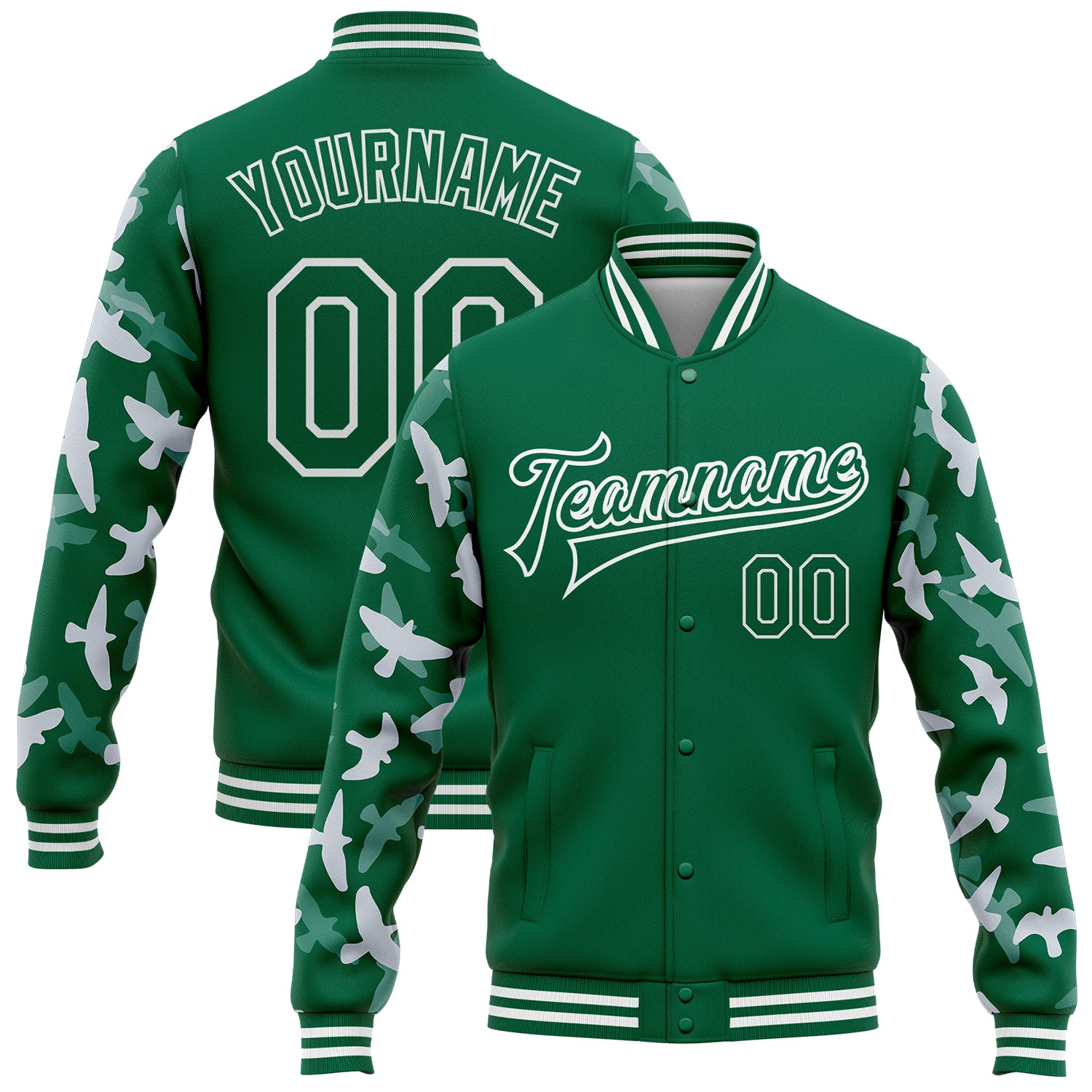 Custom Name and Number 3D Pattern Bomber Jacket for Team - Personalized Kelly Green and White Flying Bird Sleeves Varsity Letterman