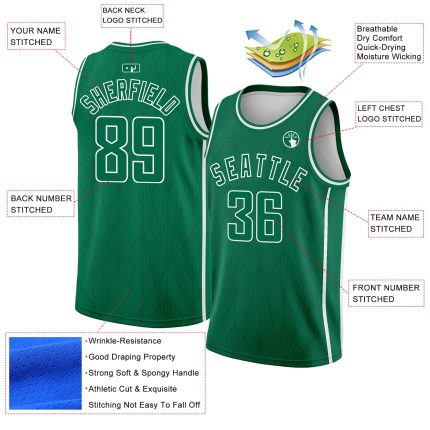 Customizable City Edition Basketball Jersey with Geometric Shapes in Kelly Green and White - Personalized Name & Number Personalized