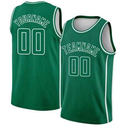 Customizable City Edition Basketball Jersey with Geometric Shapes in Kelly Green and White - Personalized Name & Number Personalized