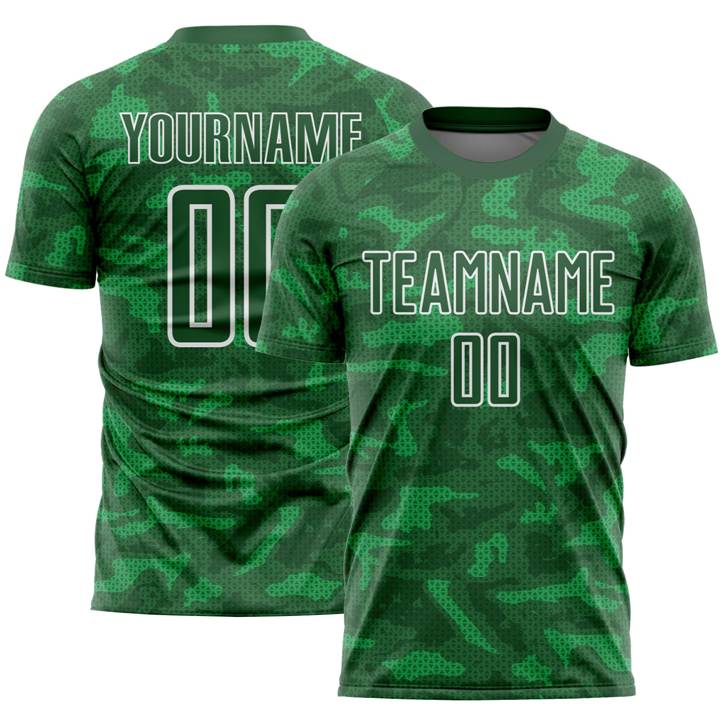 Personalized Soccer Uniform Jersey in Kelly Green with White Geometric Shapes Sublimation Design Personalized Kelly Green