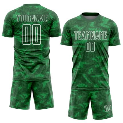 Personalized Soccer Uniform Jersey in Kelly Green with White Geometric Shapes Sublimation Design Personalized Kelly Green
