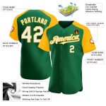 Custom Name Number Baseball Jersey - Personalized Kelly Green White Gold Authentic Raglan Sleeves Personalized Kelly Green