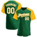 Custom Name Number Baseball Jersey - Personalized Kelly Green White Gold Authentic Raglan Sleeves Personalized Kelly Green