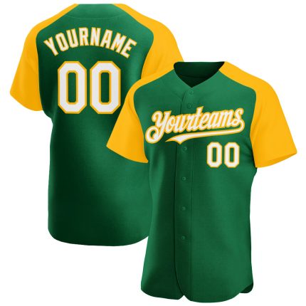 Custom Name Number Baseball Jersey - Personalized Kelly Green White Gold Authentic Raglan Sleeves Personalized Kelly Green
