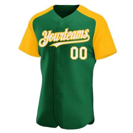 Custom Name Number Baseball Jersey - Personalized Kelly Green White Gold Authentic Raglan Sleeves Personalized Kelly Green