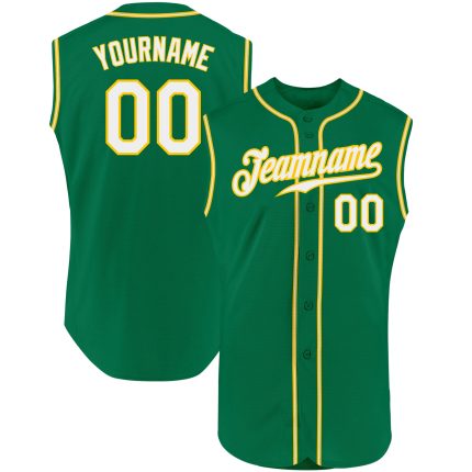 Custom Team Name & Number Sleeveless Baseball Jersey in Kelly Green & White-Gold - Authentic Design Personalized Kelly Green