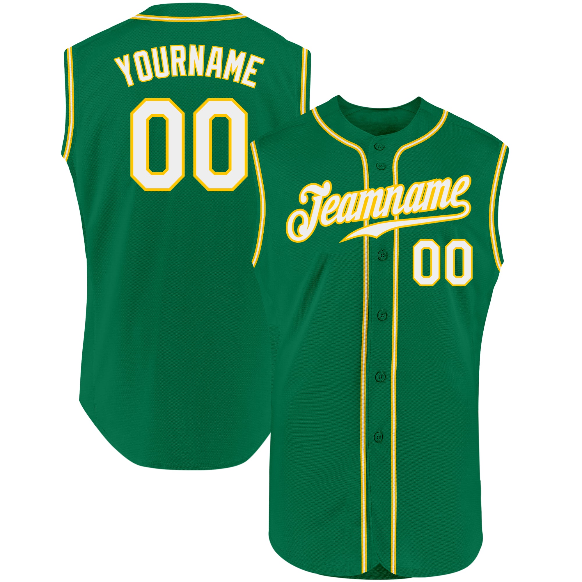 Custom Team Name & Number Sleeveless Baseball Jersey in Kelly Green & White-Gold - Authentic Design Personalized Kelly Green