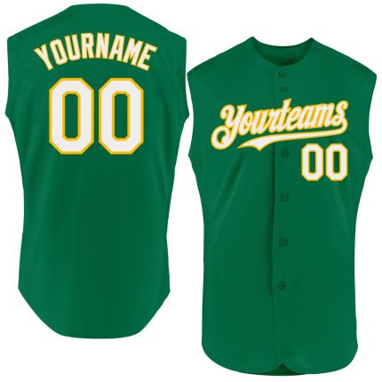 Personalized Authentic Sleeveless Baseball Jersey in Kelly Green White-Gold Personalized Kelly Green White-Gold Authentic