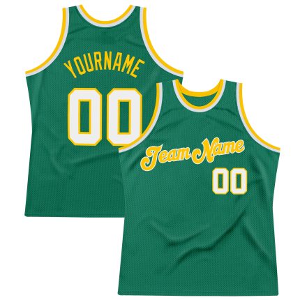 Personalized Authentic Throwback Basketball Jersey in Kelly Green and White-Gold Personalized Kelly Green White-Gold Authentic