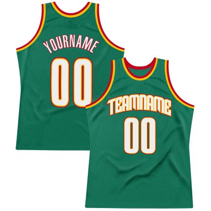 Custom Personalized Throwback Basketball Jersey - Kelly Green White-Gold with Name & Number - Authentic Team Style Personalized