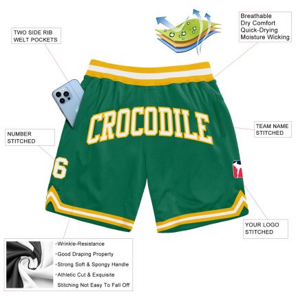 Personalized Throwback Basketball Shorts in Kelly Green with White-Gold Accents Personalized Kelly Green White-Gold Authentic