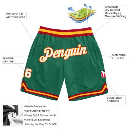 Custom Name and Number Authentic Throwback Basketball Shorts in Kelly Green and White-Gold Personalized Kelly Green White-Gold