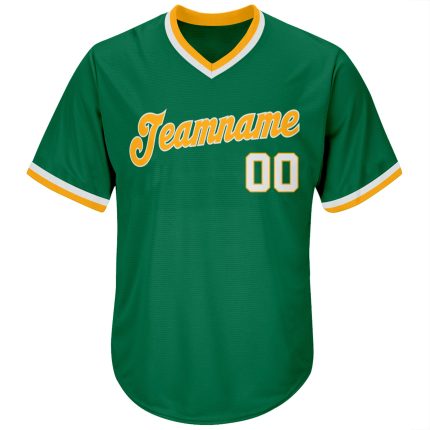 Personalized Kelly Green White Gold Throwback Baseball Jersey Shirt Rib-Knit Personalized Kelly Green White-Gold Authentic
