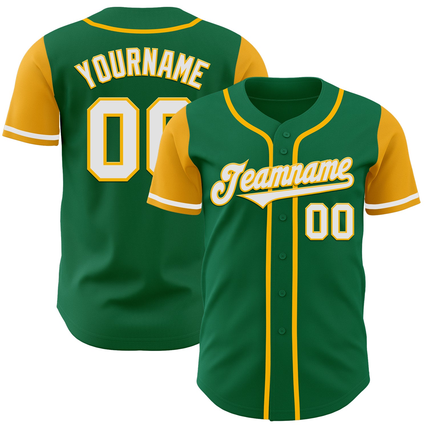 Custom Team Name and Number Authentic Two Tone Baseball Jersey - Personalized Kelly Green White-Gold Personalized Kelly Green