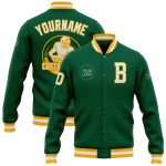 Personalized Varsity Letterman Jacket in Kelly Green and White-Gold Full-Snap Bomber Style Personalized Kelly Green White-Gold