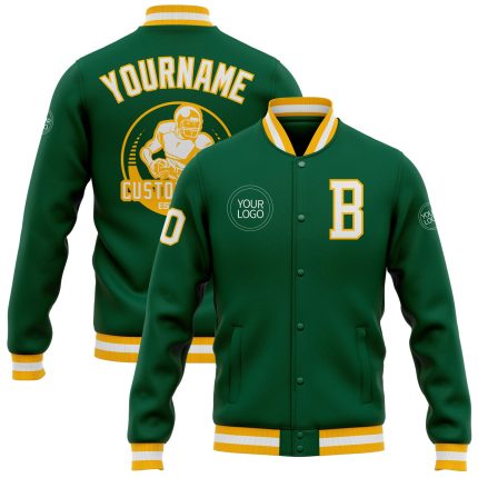 Personalized Varsity Letterman Jacket in Kelly Green and White-Gold Full-Snap Bomber Style Personalized Kelly Green White-Gold
