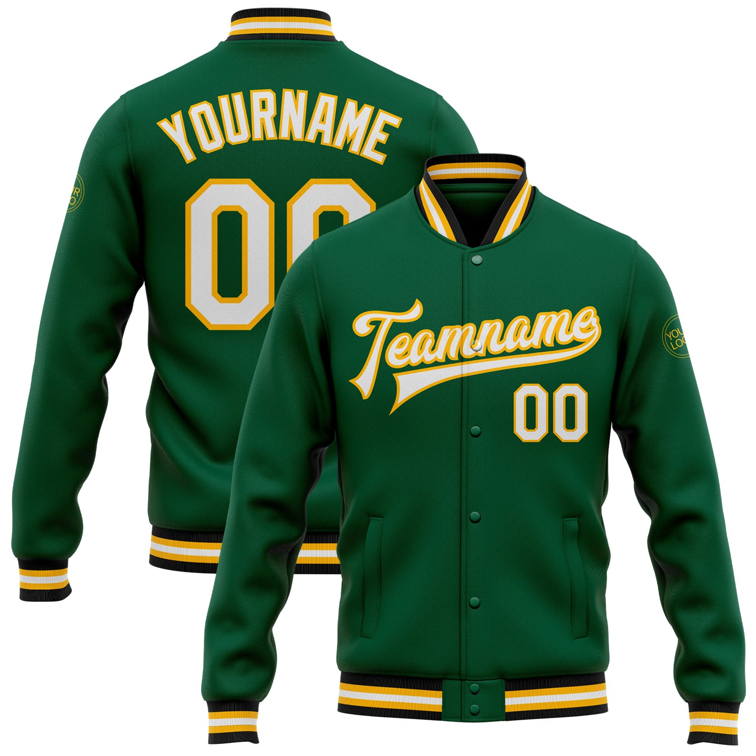 Custom Varsity Letterman Jacket with Team Name and Number - Kelly Green White-Gold Full-Snap Bomber Personalized Kelly Green