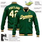 Custom Varsity Letterman Jacket with Team Name and Number - Kelly Green White-Gold Full-Snap Bomber Personalized Kelly Green