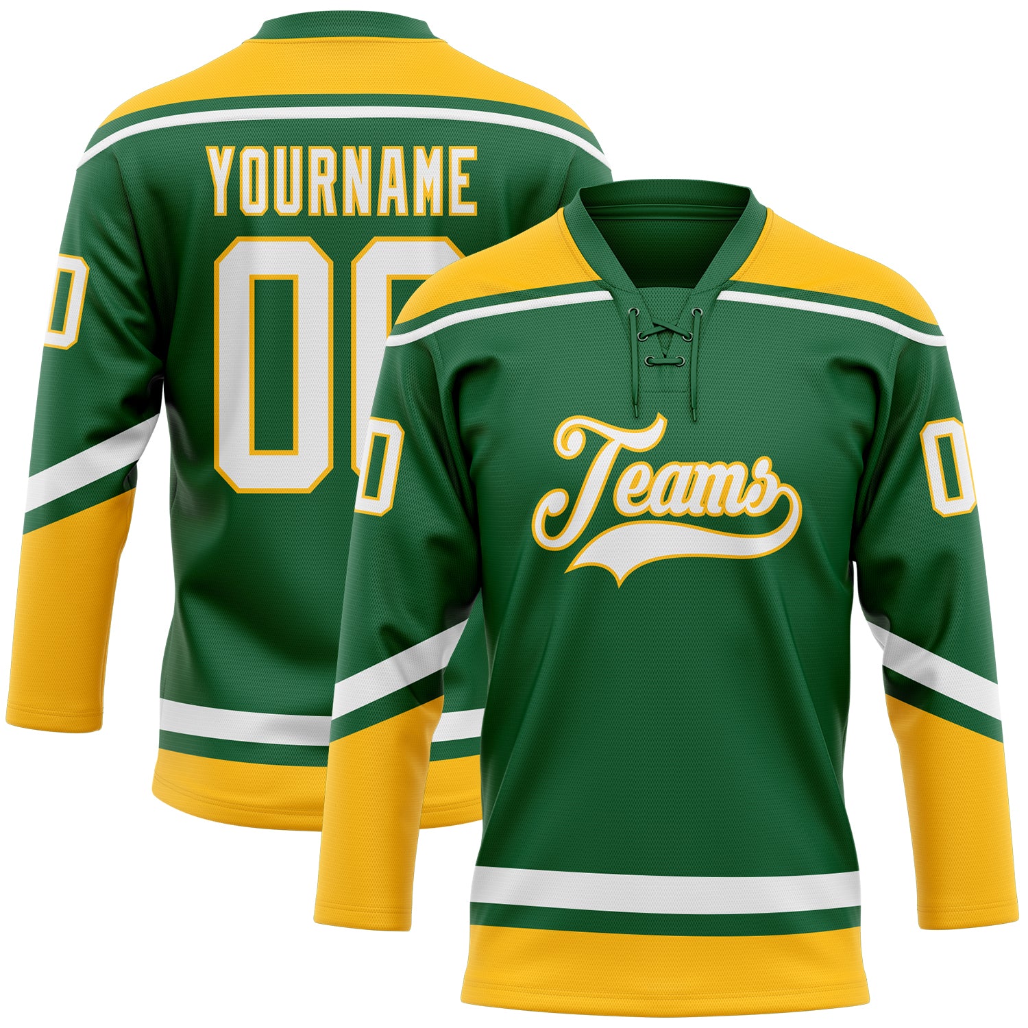 Custom Name & Number Personalized Hockey Jersey in Kelly Green & White-Gold Lace Neck Personalized Kelly Green White-Gold