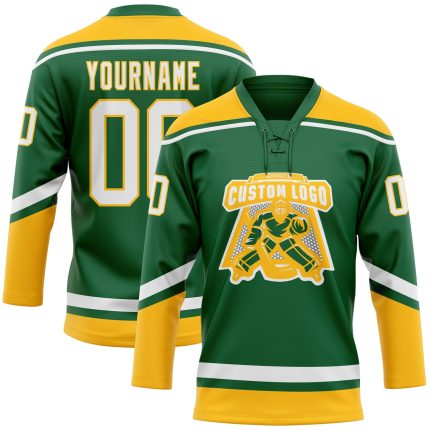 Custom Name & Number Personalized Hockey Jersey in Kelly Green & White-Gold Lace Neck Personalized Kelly Green White-Gold