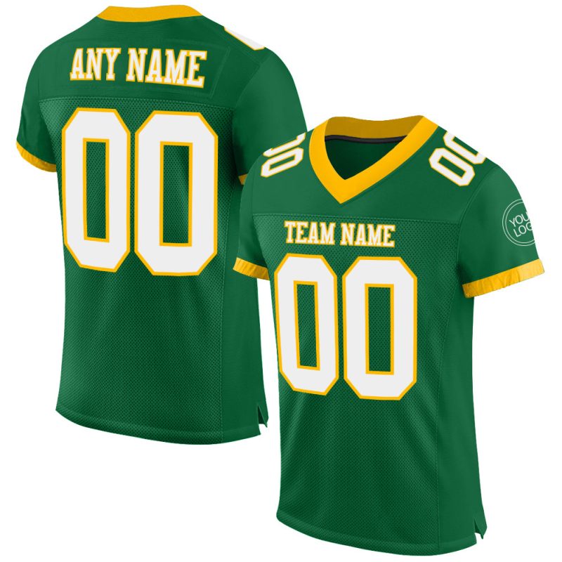 Personalized Kelly Green White Gold Football Jersey - Authentic Mesh Style Personalized Kelly Green White-Gold Mesh Authentic