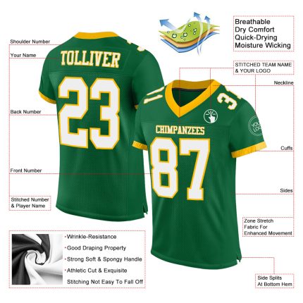 Personalized Kelly Green White Gold Football Jersey - Authentic Mesh Style Personalized Kelly Green White-Gold Mesh Authentic