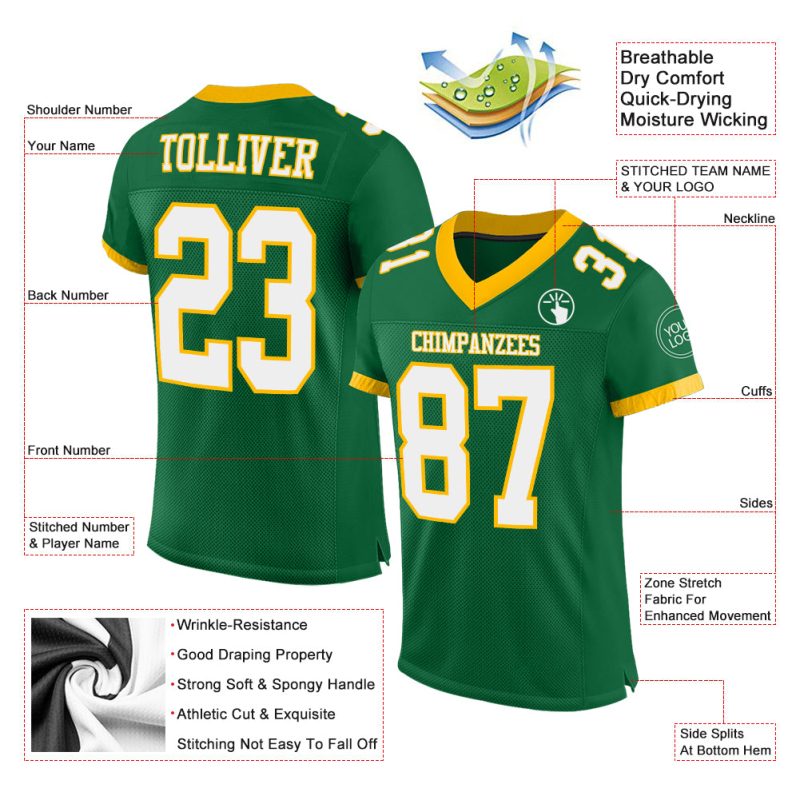 Personalized Kelly Green White Gold Football Jersey - Authentic Mesh Style Personalized Kelly Green White-Gold Mesh Authentic