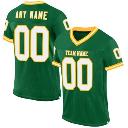 Custom Name and Number Authentic Throwback Football Jersey, Personalized Kelly Green and White Gold Mesh Design Personalized