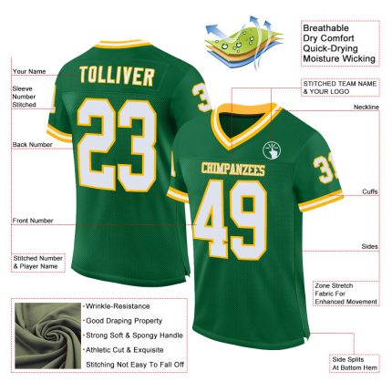 Custom Name and Number Authentic Throwback Football Jersey, Personalized Kelly Green and White Gold Mesh Design Personalized