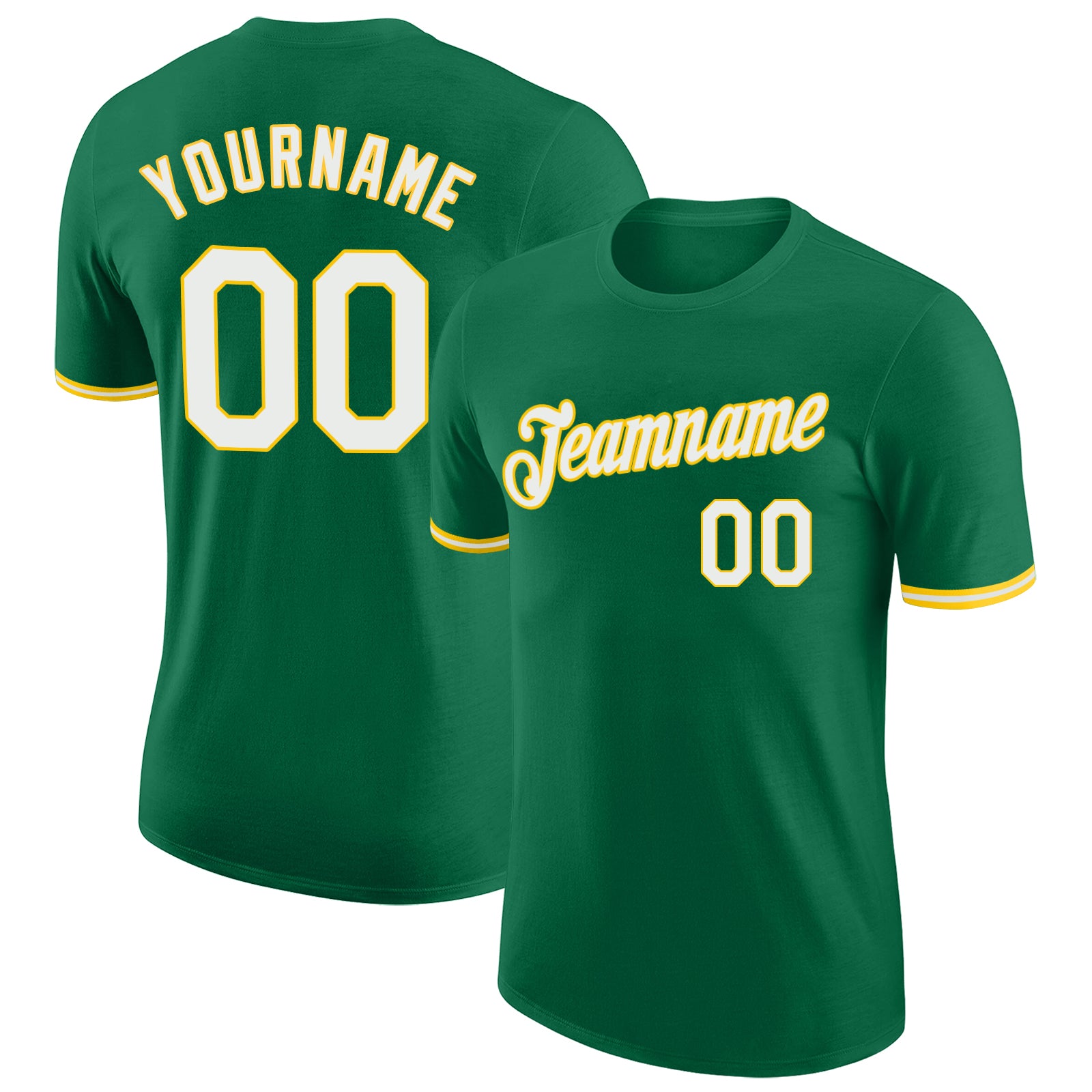 Custom Team Performance T-Shirt with Personalized Name & Number in Kelly Green & White-Gold Personalized Kelly Green White-Gold