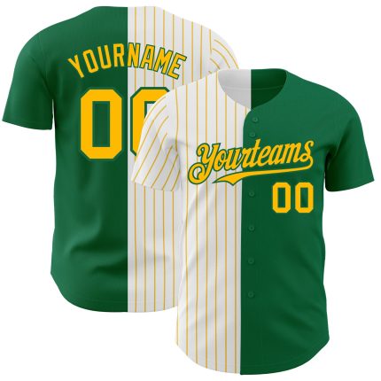 Custom Name and Number Personalized Baseball Jersey - Kelly Green White-Gold Pinstripe Authentic Split Fashion Personalized