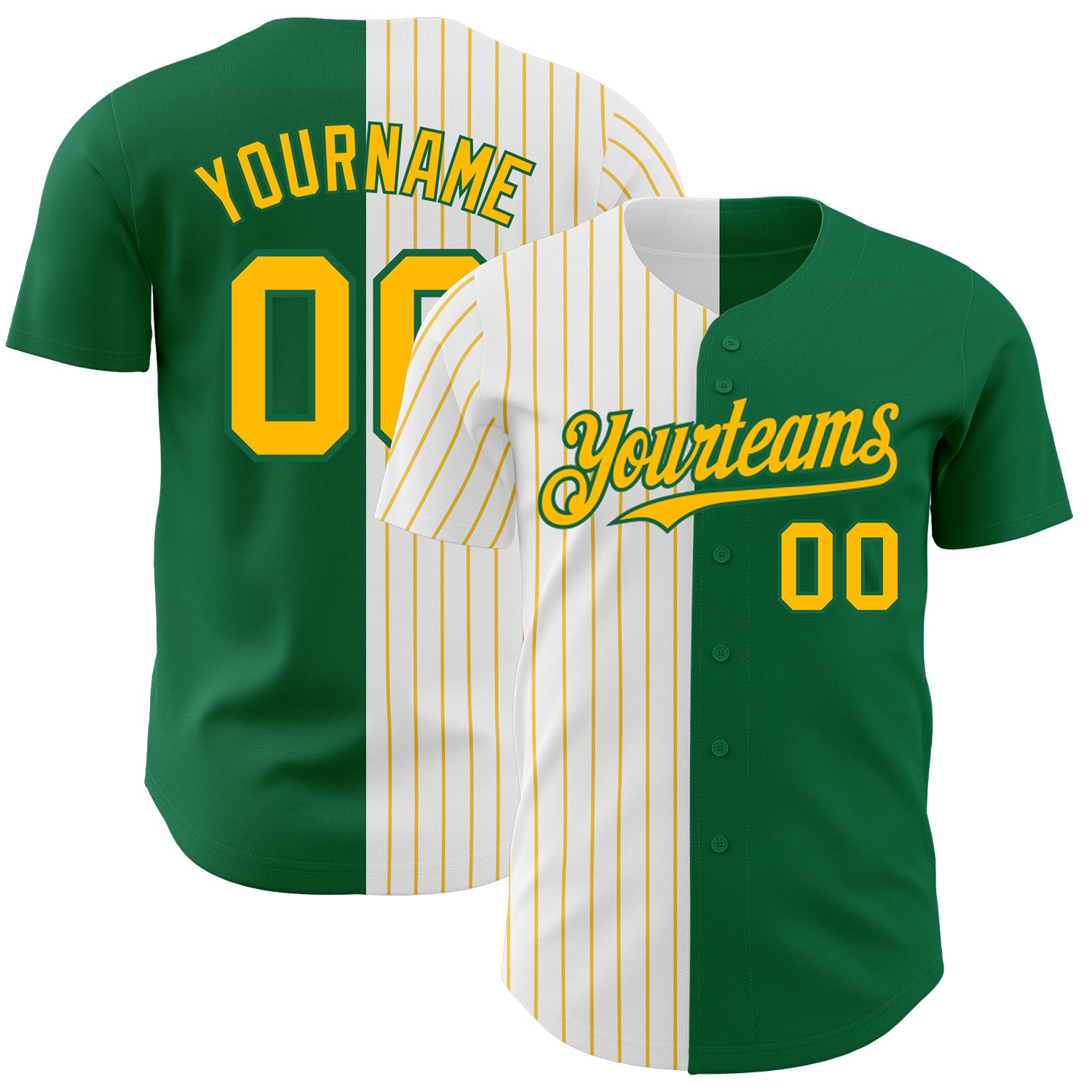 Custom Name and Number Personalized Baseball Jersey - Kelly Green White-Gold Pinstripe Authentic Split Fashion Personalized